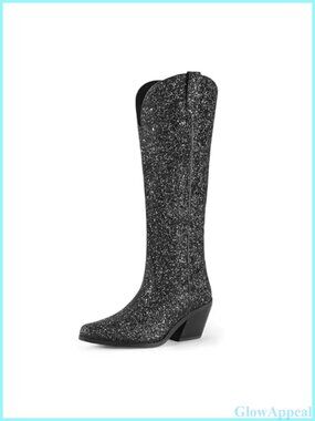 Glitter Sequin Knee High Cowboy Boots Pointed Toe 3-Inch Block Heel